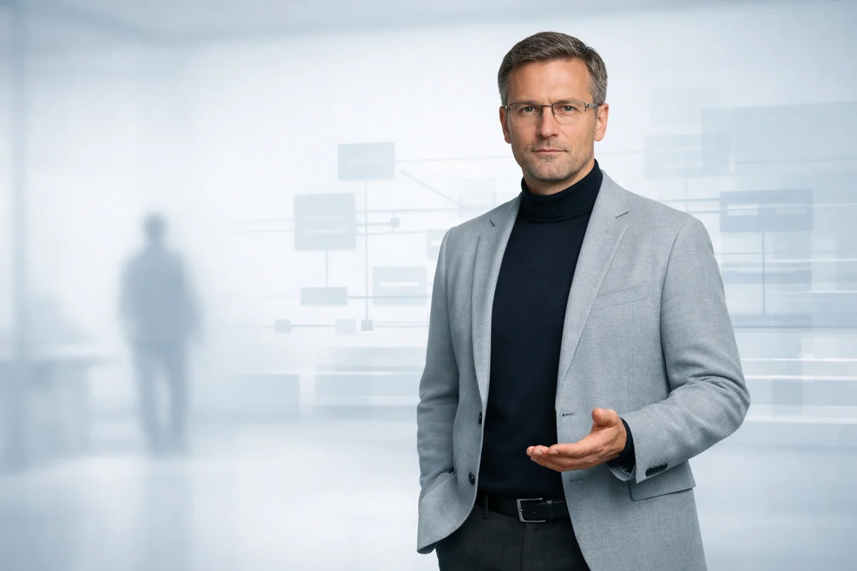 Führungsperson in grauem Sakko mit moderierender Handgeste, Person im Hintergrund als Symbol für Single Point of Failure