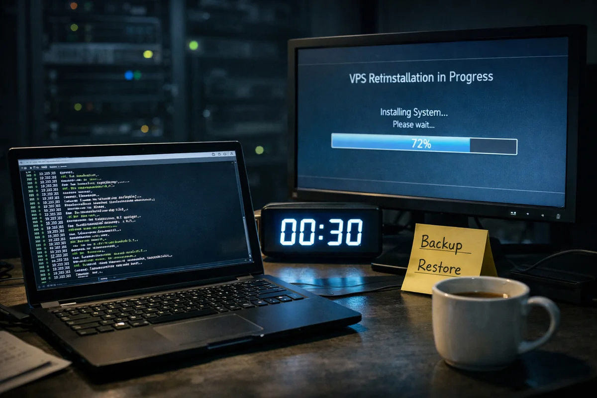 Nächtlicher DevOps-Arbeitsplatz mit Server-Logs auf Laptop, VPS-Neuinstallation auf Monitor, Uhr auf 00:30 und Notizzettel mit ‘Backup/Restore’