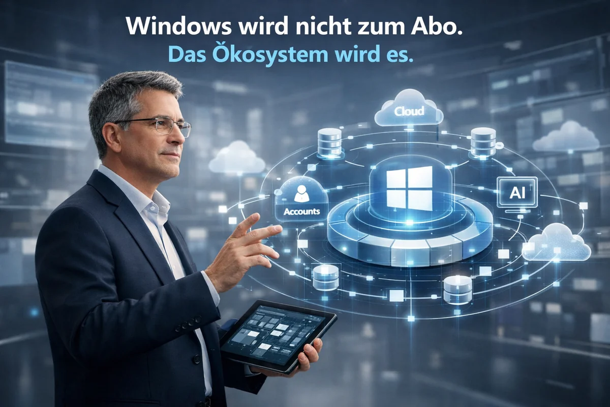 IT-Entscheider im dunklen Anzug mit Tablet und erklärender Geste vor holografischem Windows-Ökosystem-Diagramm mit Cloud-, Accounts- und AI-Services